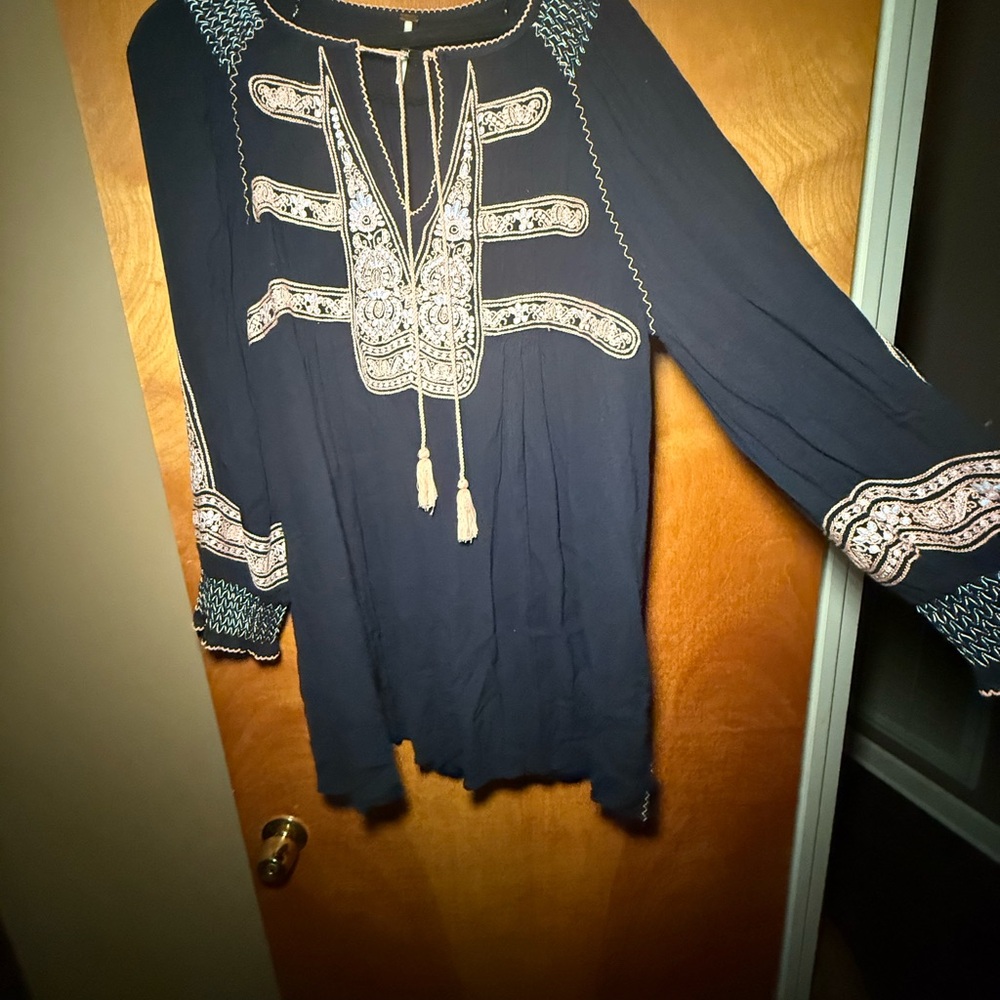 Free People Navy and White Embroidered Tunic